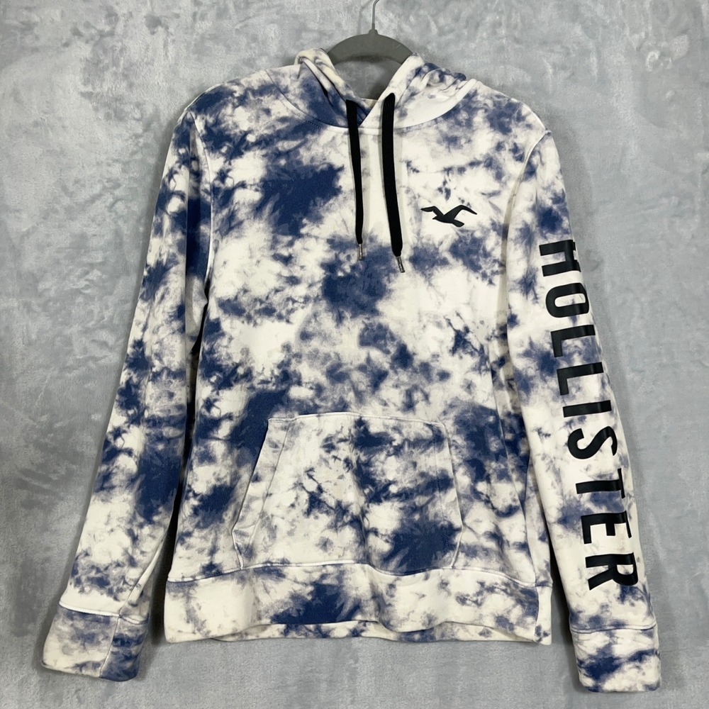 Hollister Mens Hoodie Medium Blue White Tie Dye Graphic Logo Pullover Sweatshirt